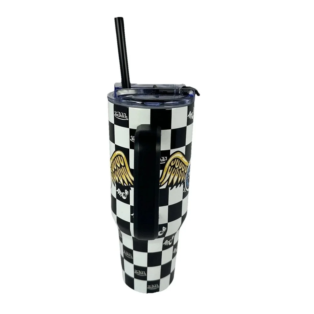 Von Dutch Checker Eyeball Wings 40 oz Tumbler With Handle Straw NWT